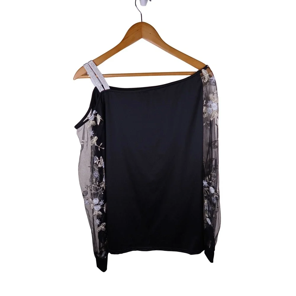 Black One Shoulder Top Floral Embroidered Mesh Long Sleeve Rhinestone Strap L